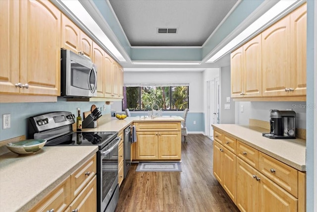 kitchen featuring dark wood-style floors, visible vents, light brown cabinetry, appliances with stainless steel finishes, and a raised ceiling