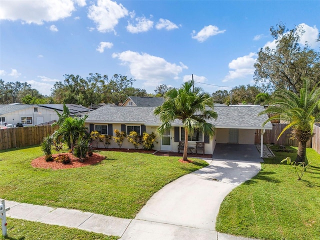 single story home featuring fence, a shingled roof, stucco siding, concrete driveway, and a front lawn