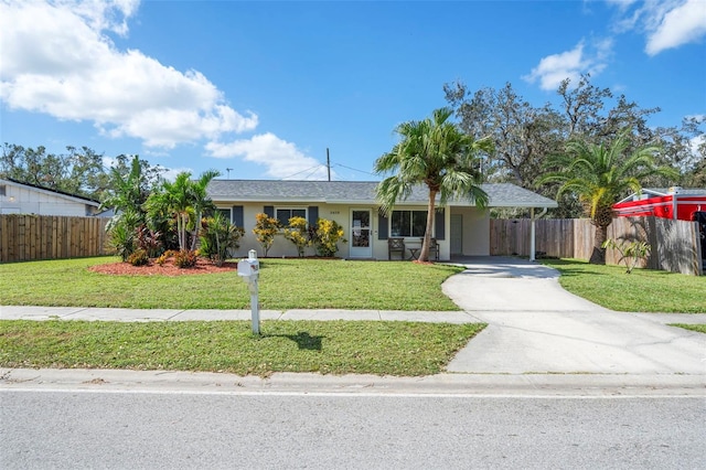 ranch-style house featuring stucco siding, a front lawn, fence, concrete driveway, and a carport