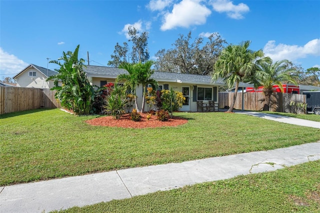 ranch-style home with a front lawn, concrete driveway, fence private yard, and stucco siding