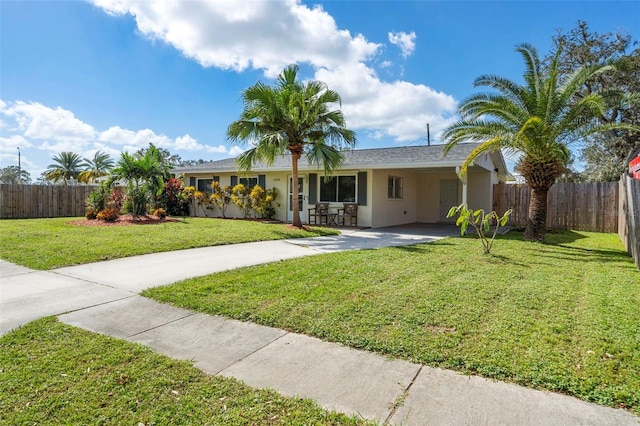 ranch-style house with stucco siding, concrete driveway, a front lawn, and fence