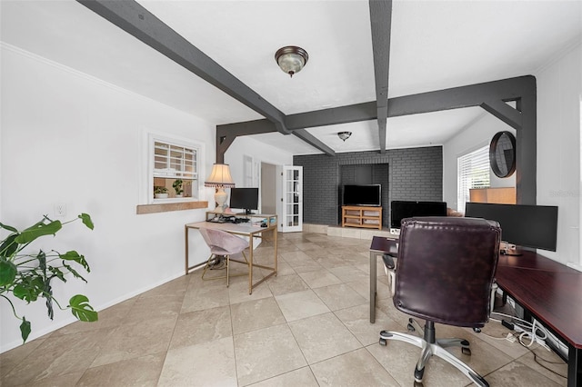 office featuring light tile patterned flooring, beamed ceiling, french doors, and baseboards