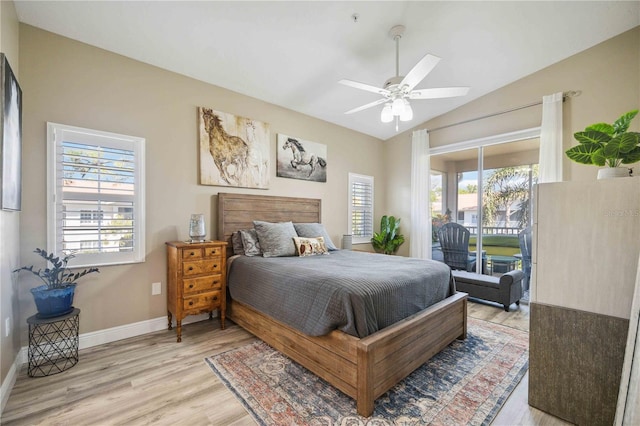 bedroom with access to exterior, ceiling fan, baseboards, vaulted ceiling, and light wood-style flooring