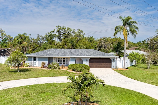 single story home featuring fence, concrete driveway, a front yard, stucco siding, and an attached garage