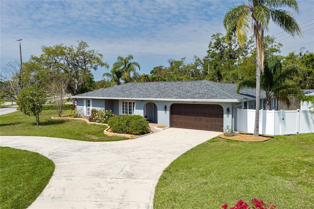 ranch-style home with fence, an attached garage, stucco siding, concrete driveway, and a front lawn