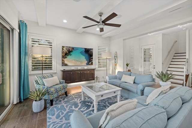 living room featuring recessed lighting, beam ceiling, dark wood-style floors, and stairs