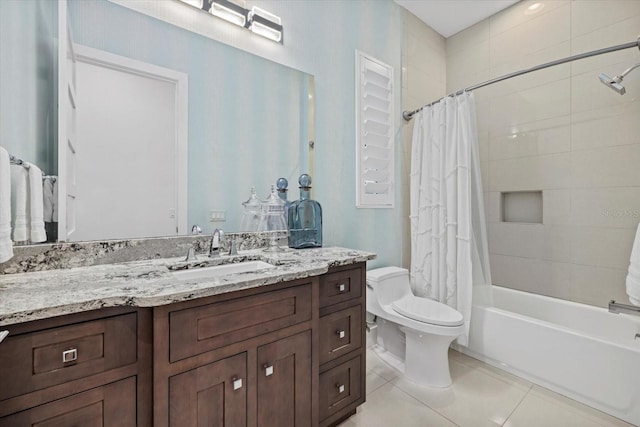 full bath featuring vanity, tile patterned floors, toilet, and shower / bathtub combination with curtain