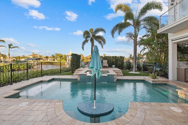 view of swimming pool featuring a patio, a fenced backyard, and a fenced in pool