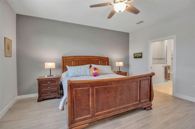 bedroom with visible vents, light wood-style flooring, baseboards, and ceiling fan