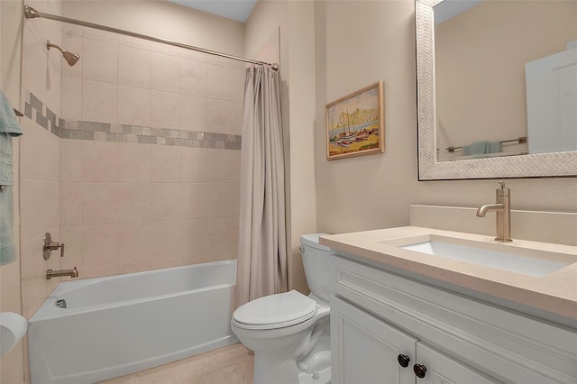 bathroom with tile patterned flooring, vanity, toilet, and shower / tub combo with curtain