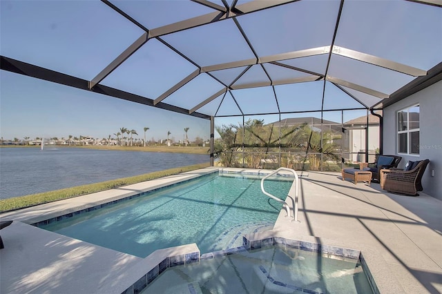 view of swimming pool with glass enclosure, a patio area, a water view, and a pool with connected hot tub