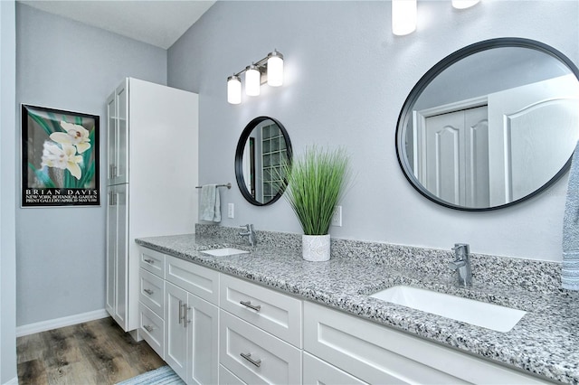 bathroom with double vanity, wood finished floors, baseboards, and a sink