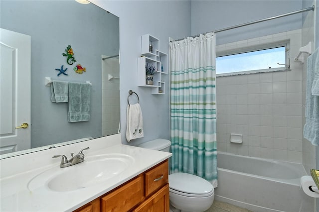 full bath with shower / bathtub combination with curtain, toilet, and vanity