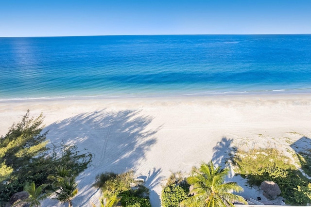 aerial view featuring a view of the beach and a water view