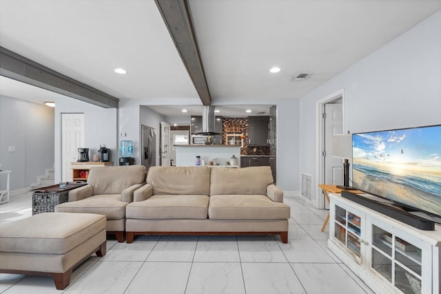 living room featuring recessed lighting, beamed ceiling, marble finish floor, and visible vents