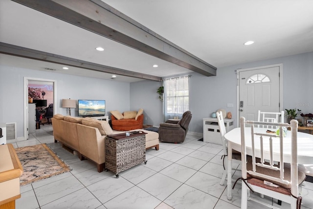 living room with beam ceiling, recessed lighting, and marble finish floor