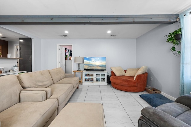 living room with recessed lighting, visible vents, beam ceiling, and marble finish floor