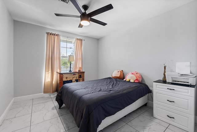 bedroom with a ceiling fan, visible vents, baseboards, and marble finish floor