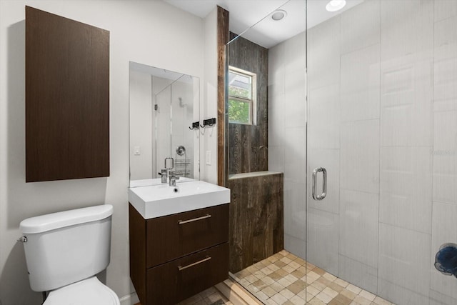 bathroom with a stall shower, toilet, and vanity