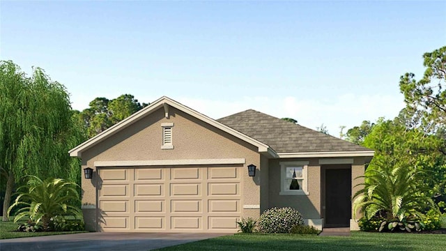 ranch-style house with a shingled roof, a front lawn, stucco siding, driveway, and an attached garage