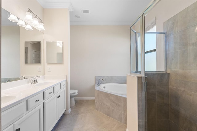 full bath with visible vents, a stall shower, a sink, double vanity, and a bath