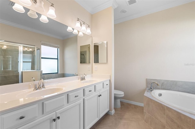 full bathroom with double vanity, ornamental molding, a stall shower, and a sink