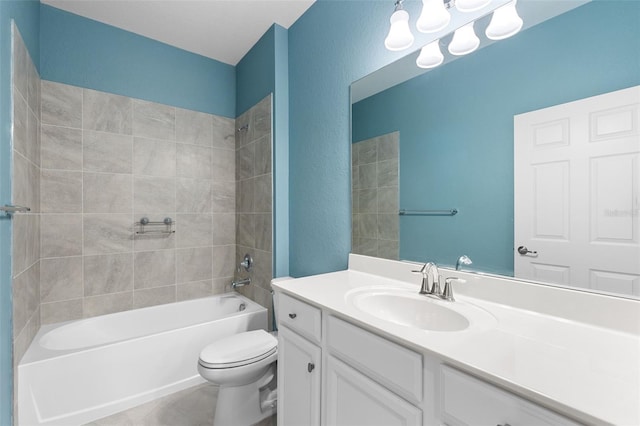 bathroom featuring vanity,  shower combination, toilet, and an inviting chandelier