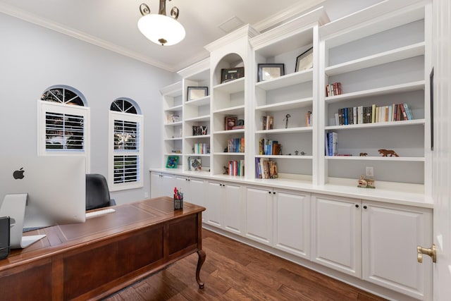 home office featuring dark wood finished floors and crown molding