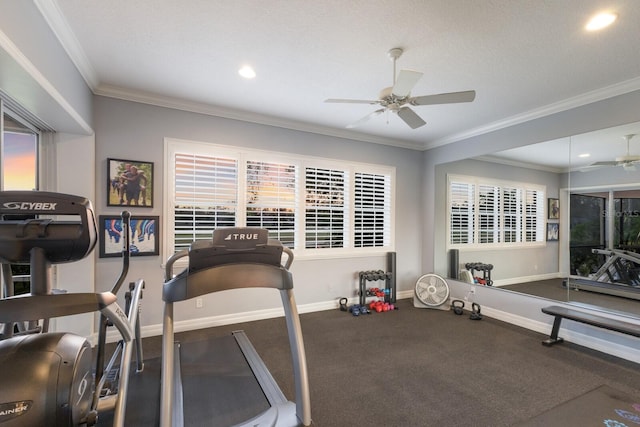 exercise area featuring recessed lighting, baseboards, crown molding, and a ceiling fan