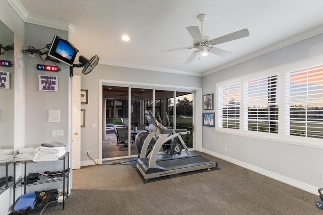 exercise room with carpet flooring, baseboards, crown molding, and ceiling fan