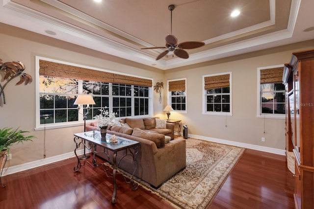 living area with dark wood finished floors, a raised ceiling, a ceiling fan, and ornamental molding