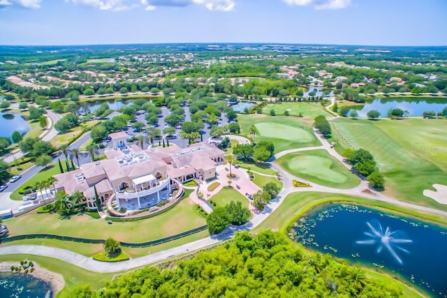 bird's eye view with a residential view, a water view, and view of golf course