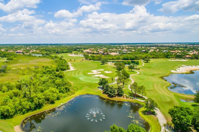 bird's eye view featuring view of golf course and a water view