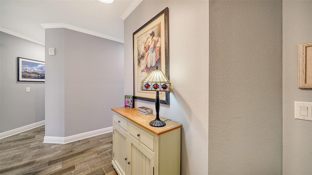 hall featuring light wood-style floors, baseboards, and ornamental molding