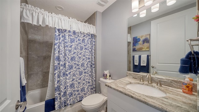 bathroom featuring visible vents, toilet, vanity, and shower / bath combination with curtain