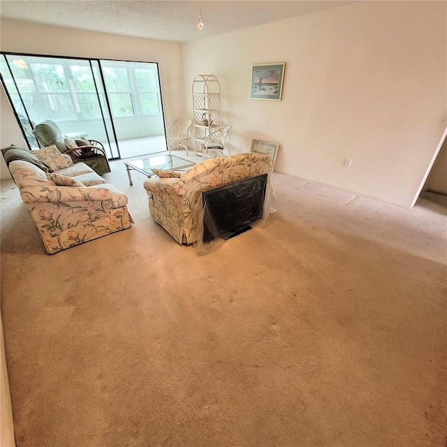 living area featuring carpet floors and a textured ceiling