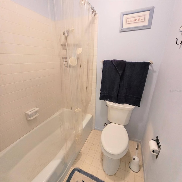 bathroom with tub / shower combination, toilet, and tile patterned flooring