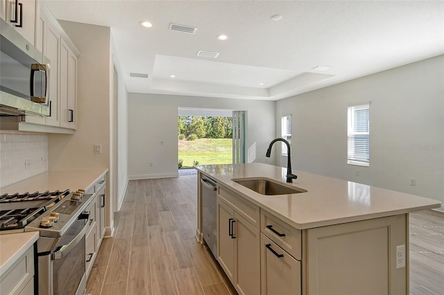 kitchen featuring a sink, a tray ceiling, appliances with stainless steel finishes, and visible vents