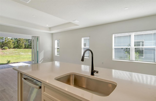 kitchen featuring stainless steel dishwasher, light countertops, a raised ceiling, and a sink