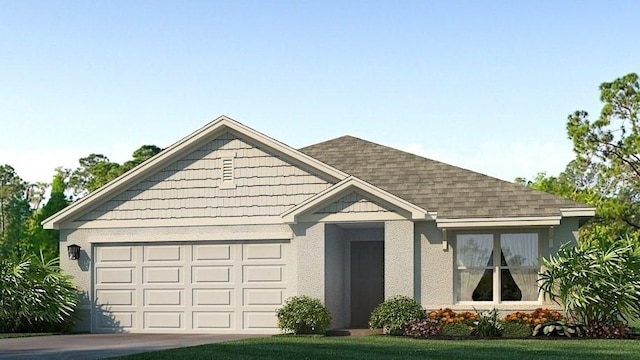 view of front facade featuring stucco siding, an attached garage, driveway, and a shingled roof