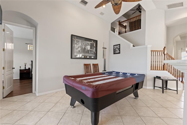 recreation room featuring billiards, light tile patterned floors, a ceiling fan, and visible vents
