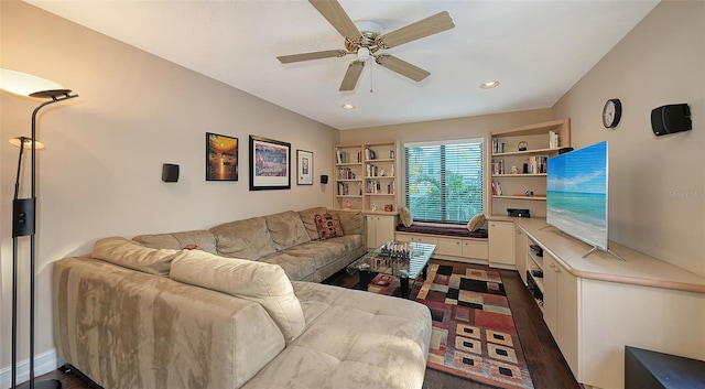 living area with dark wood-style floors, recessed lighting, and ceiling fan