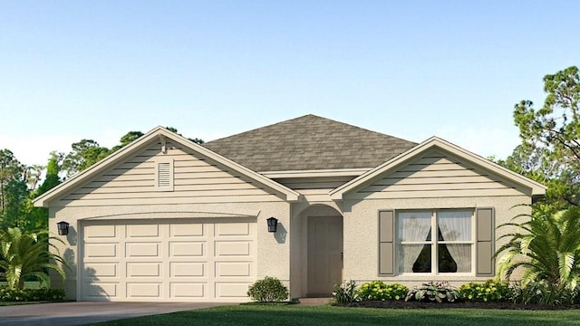 single story home with a garage, stucco siding, driveway, and roof with shingles