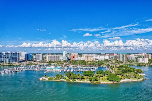 aerial view featuring a view of city and a water view