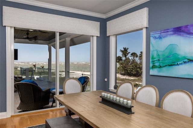 137 Big Pass Ln, Sarasota, FL 34242 - dining room featuring ornamental molding, wood finished floors, and a ceiling fan