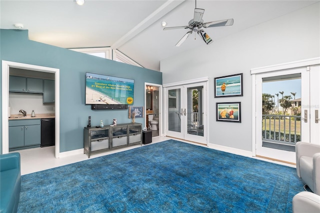 137 Big Pass Ln, Sarasota, FL 34242 - living room with baseboards, vaulted ceiling with beams, french doors, and a ceiling fan