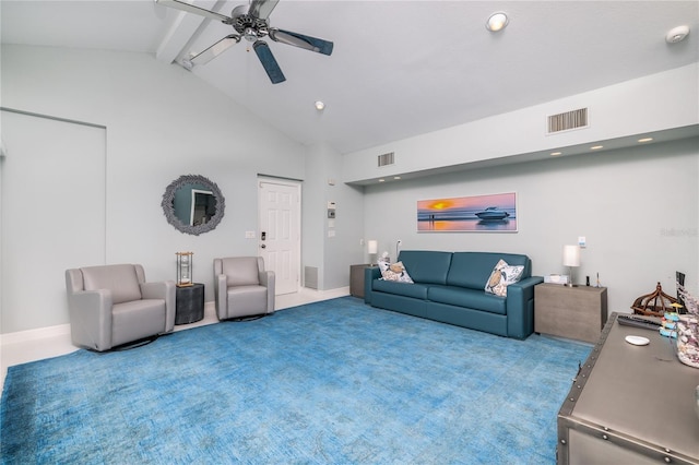 137 Big Pass Ln, Sarasota, FL 34242 - living area with high vaulted ceiling, carpet floors, beamed ceiling, visible vents, and a ceiling fan