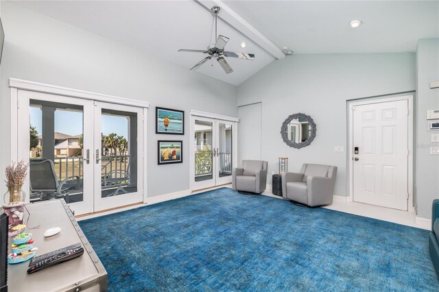 137 Big Pass Ln, Sarasota, FL 34242 - living area with french doors, lofted ceiling with beams, baseboards, carpet floors, and ceiling fan