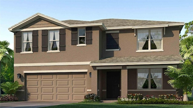 view of front of home with stucco siding, driveway, and an attached garage