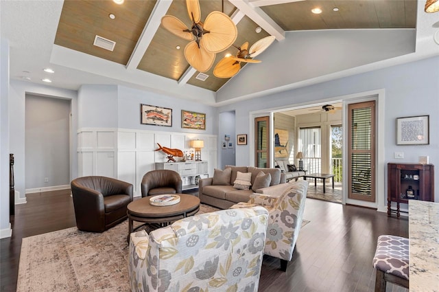 living area featuring wooden ceiling, high vaulted ceiling, a ceiling fan, and dark wood-style flooring